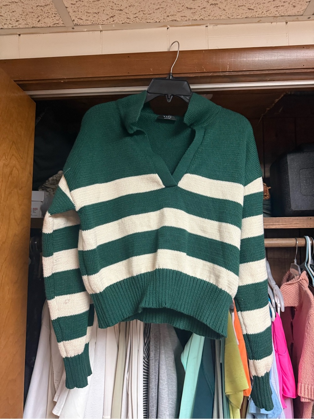 Vici Green and Cream Striped Collared V-Neck Sweater
